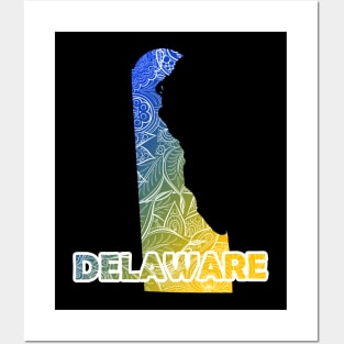 Colorful mandala art map of Delaware with text in blue and yellow Posters and Art